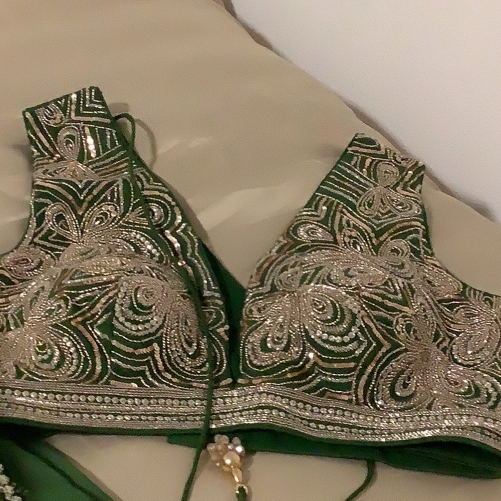 Green Embellished Indian Crop Top with Sheer Dupatta/indian Pakistani lengha fr - Picture 9 of 15